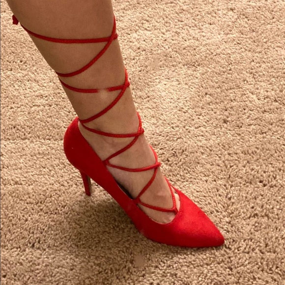 Red suede lace up heels - Picture 3 of 5